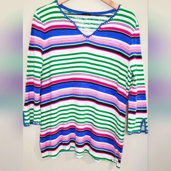 Talbots Womens Linen Blend Top Size L‎ Colorful Striped Tunic Embroidered Summer - Picture 1 of 6